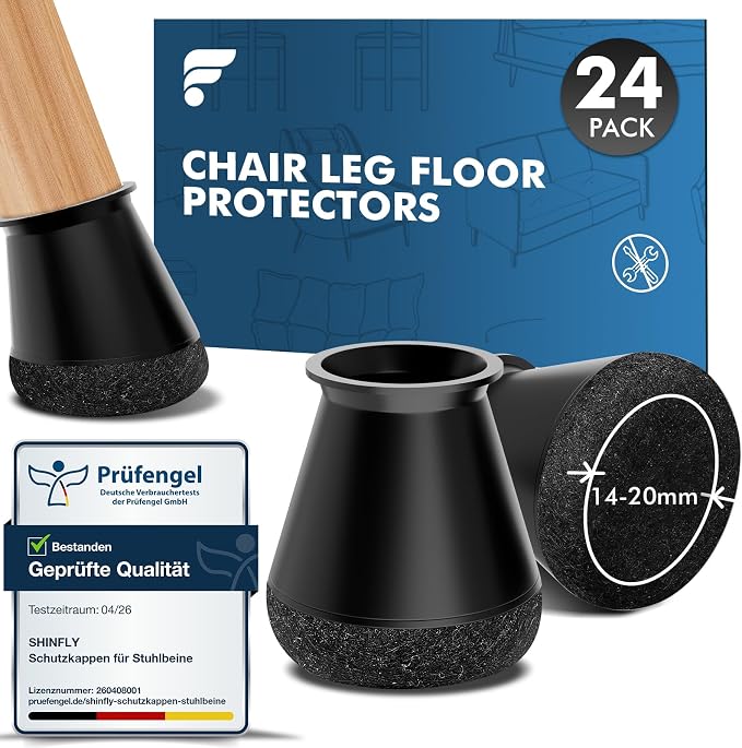 Shinfly 24 Stück Stuhlbeinschoner, Silikon-stuhlgleiter Mit Hochdichtem Filz, Schützen Stuhlbeine Und Böden, Kratzfest Und Geräuscharm Auf Holz (s 14-20 Mm, Schwarz)