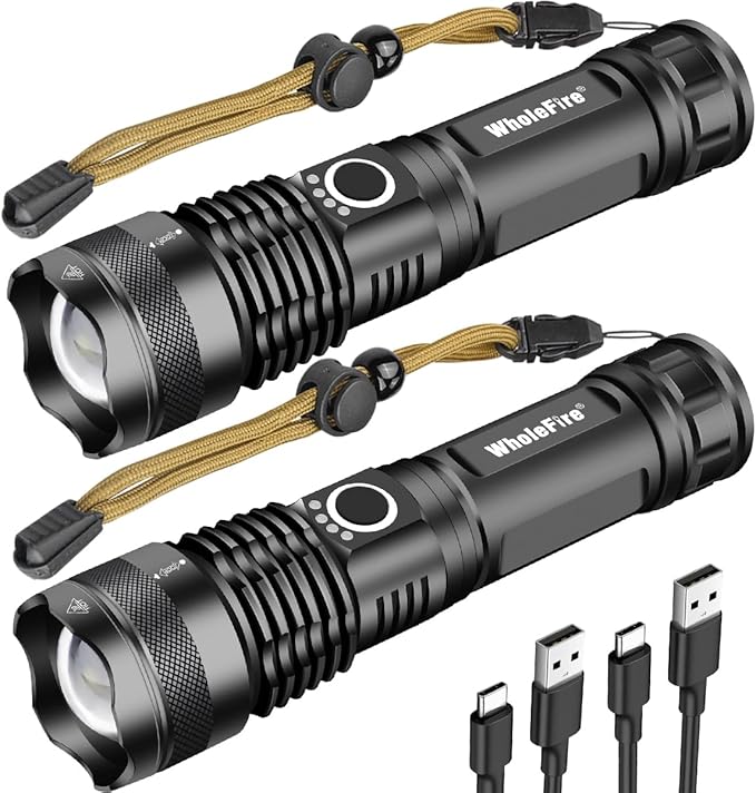 Extrem Leistungsstarke, Wiederaufladbare Led-taschenlampe Xhp70 Mit 90.000 Lumen, Zoomfunktion, Wasserdicht, 5 Leuchtmodi Für Notbeleuchtung Im Freien Und Betriebsanzeige, 2er-pack