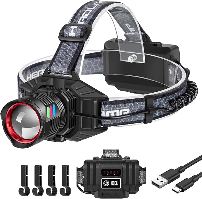 Extrem Leistungsstarke Led-stirnlampe Mit 90.000 Lumen, Usb-c-wiederaufladbar, 3 Leuchtmodi Und Rücklicht, Lange Akkulaufzeit, 180° Verstellbarer Zoom, Wasserdicht Für Camping, Angeln Und Notfälle