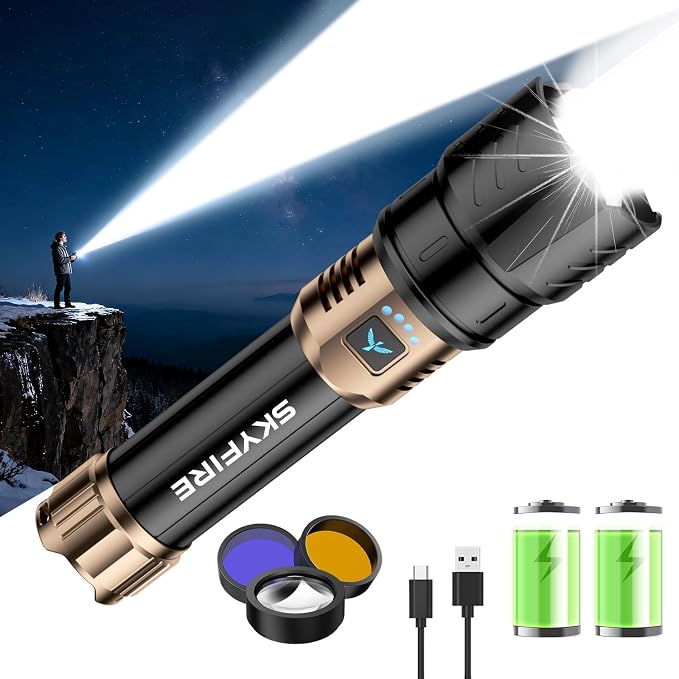Skyfire Ultra-starke, Wiederaufladbare Led-taschenlampe, 50.000 Lumen, Mit Feuerstarter Und 3 Linsen, 10.000 Mah, Zoomfunktion, Usb-c, 4 Leuchtmodi, Ipx6 Wasserdicht, Ideal Für Camping, Wandern Und No