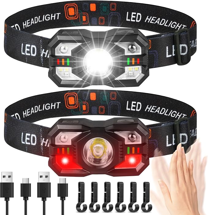 Led-stirnlampe, 2er-pack Led-stirnlampen, Ipx5 Wasserdichte, Wiederaufladbare Stirnlampe, 5 Beleuchtungsmodi, Bewegungssensor, Tragbare, Wiederaufladbare Stirnlampe Für Camping, Notfälle Und Radfahren