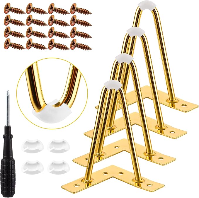 Mivide 4er-set Haarnadel-tischbeine, 15 Cm, Goldfarbene Metall-haarnadelbeine, 15 Cm Hohe Couchtischbeine Mit Bodenschonern Für Sofa Und Möbel