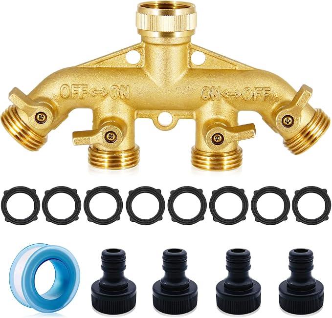 4-wege-bewässerungsverteiler Aus Massivem Messing Mit 4 Ausgängen, Einstellbarem Und Arretierbarem Wasserdurchfluss – 3/4"-wasserhahnverteiler Für Die Gartenbewässerung