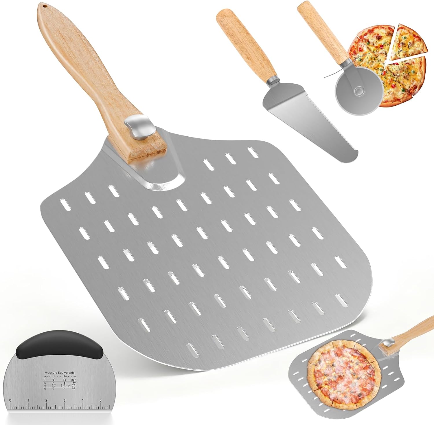 4-teiliges Pizzabesteck-set Aus Edelstahl – Gelochter Pizzaschieber Mit Klappbarem Holzgriff, Pizzaschneider, Spatel Und Teigschaber, Geeignet Für Die Zubereitung Von Hausgemachtem Teig