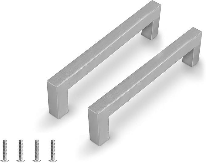 2 Stück Küchenschrankgriffe In Gebürstetem Silber, 128 Mm Lochabstand, Edelstahl-schrankgriff, Küchentürgriff Für Schränke Und Schubladen, Küchengriff Mit 4 Schrauben, Modernes Quadratisches Design