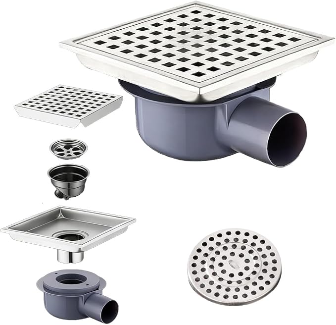 Newfun Quadratischer Duschablauf, 15 X 15 Cm, 360° Drehbarer Siphon, Geruchsdichter Bodenablauf, Unsichtbar, Für Positive Und Negative Strömung Geeignet, Doppelte Filtration, Fliesbar, Silberfarben