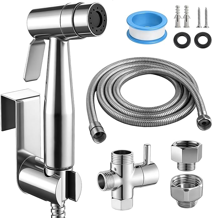 Handbrause Aus Edelstahl, Bidet-duschkopf Mit G1/2"-t-ventil Und G3/8"-toilettenadapter, 150 Cm Schlauch, Wand- Oder Hakenmontage, Baby-, Haustier- Und Hygienedusche