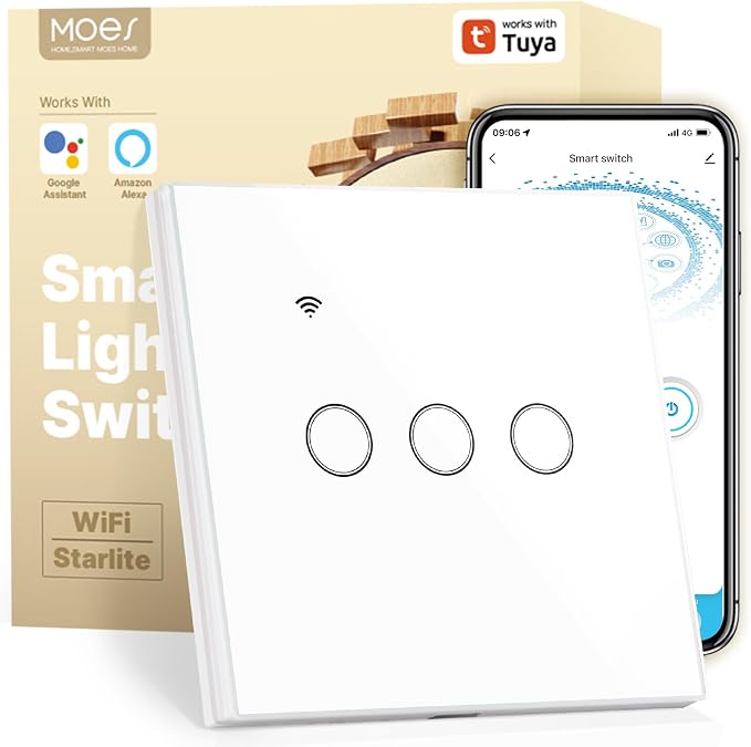 Moes Wlan-smart-touch-wandschalter Mit 1/2-wege-funktion, Optionaler Relaisstatusanzeige, Neutralleiter Erforderlich, Kompatibel Mit Smart Life App, Tuya, Rf433-fernbedienung, Alexa Und Google Home
