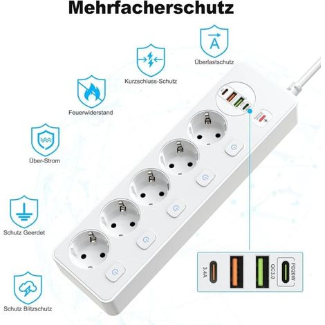 5-fach Steckdosenleiste Mit Einzeln Schaltbaren Steckdosen, 2 Usb-a- Und 2 Usb-c-anschlüssen, 5 Steckdosen Mit Schalter, Wandmontage Mit 2 M Verlängerungskabel, 20-w-netzteil, Weiß