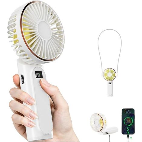 Tragbarer Handventilator, Mini-faltventilator (180°), Mit Lcd-display, Extrem Leise, 4000-mah-akku, Inklusive Trageschlaufe – Weiß