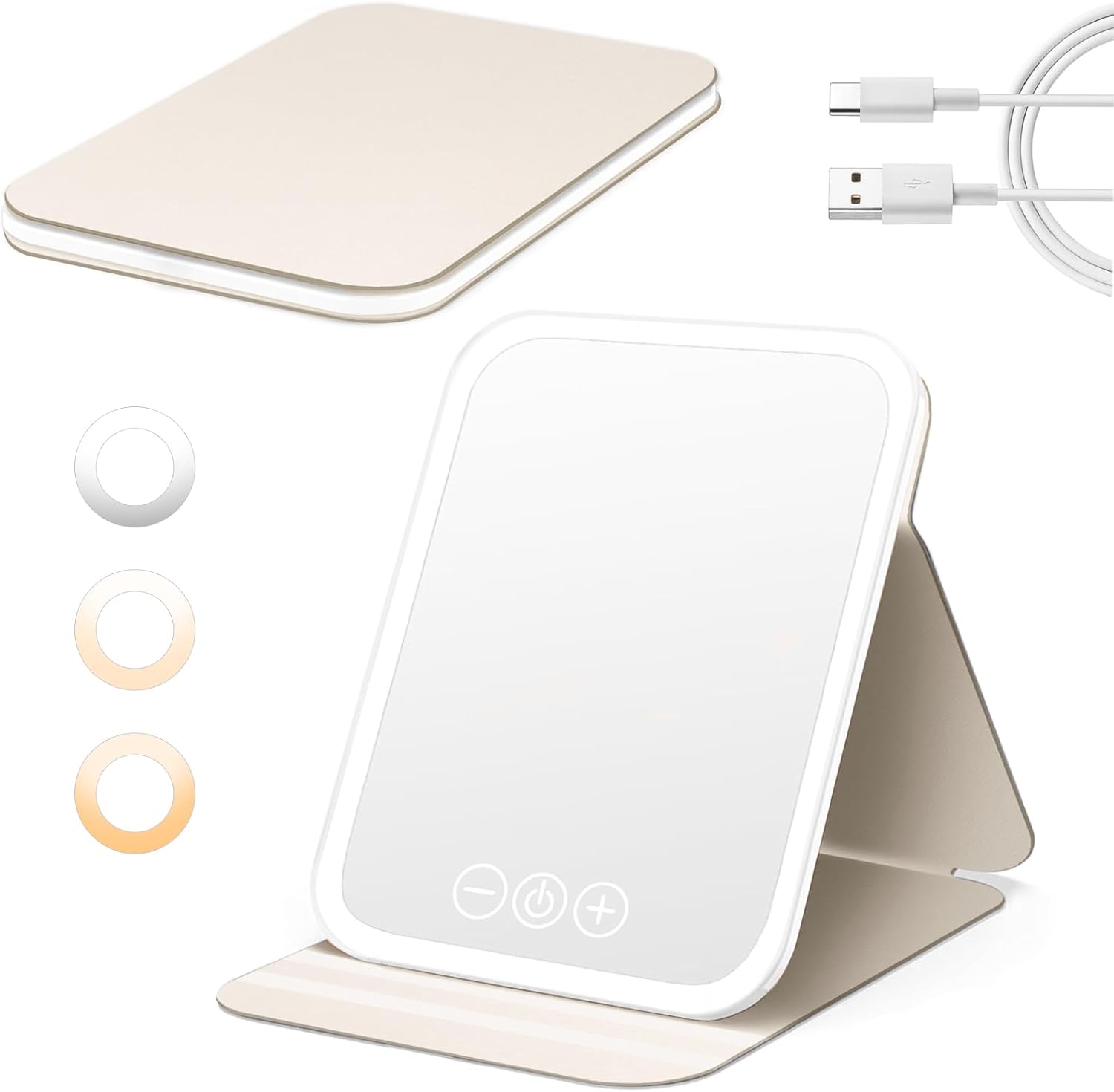 Beleuchteter Kosmetikspiegel, Tragbar, Wiederaufladbar, Faltbar, 3 Lichtfarben, Einstellbare Helligkeit, Memory-funktion, Ideal Für Reisen Und Zuhause (weiß, 1)