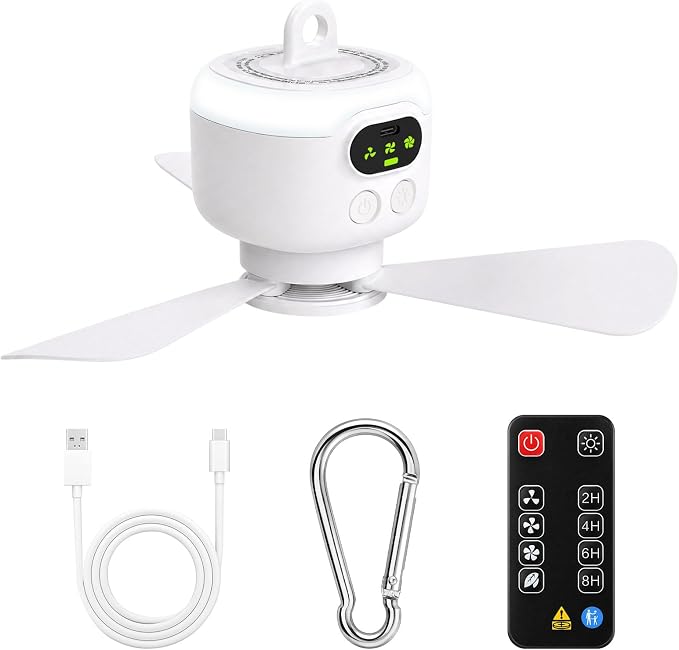 Wiederaufladbarer Campingventilator Mit 8000 Mah Kapazität, Licht, Kleinem Deckenventilator Für Zelte Mit Fernbedienung, 4 Geschwindigkeitsstufen, Timer, Leisem Betrieb, Mini-ventilator Für Den Außenb