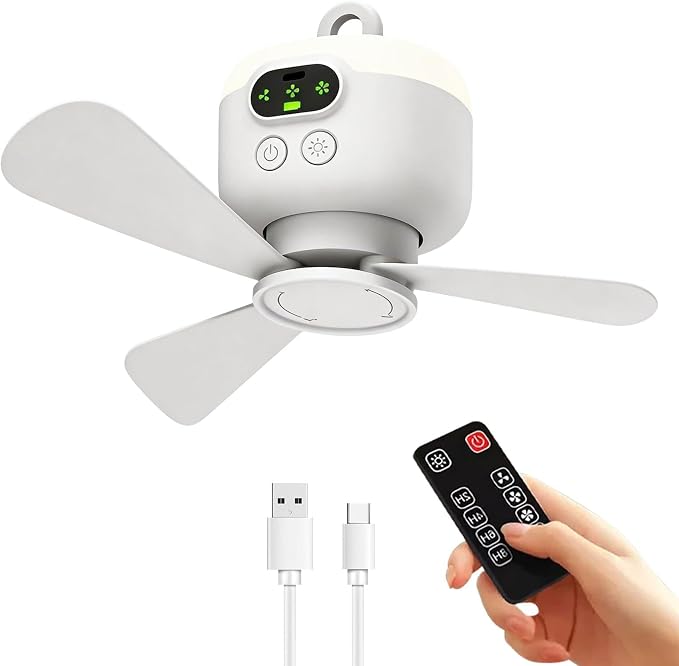 Camping-deckenventilator Mit Fernbedienung, Led-campinglampe Mit Wiederaufladbarem Ventilator (8000 Mah, Leise, 3 Geschwindigkeitsstufen) Für Auto Und Angeln