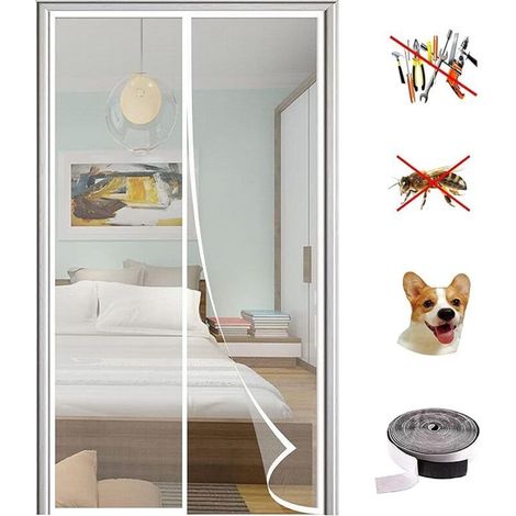 Magnetisches Moskitonetz Für Türen, Sehr Engmaschig, Fliegen- Und Insektenschutzgitter Mit Klebeband Und Magnetstreifen, Automatischer Verschluss, Weiß, Maße 140 X 220 Cm