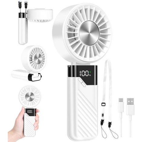 Wiederaufladbarer Tragbarer Usb-ventilator, Mini-taschenventilator Mit 5 Geschwindigkeitsstufen Und Eingebautem 5200-mah-akku (weiß)