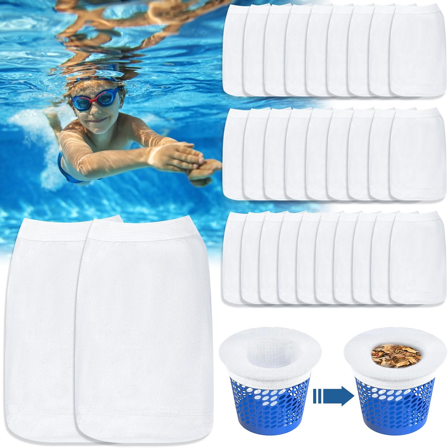 Packung Mit 30 Wiederverwendbaren Skimmersocken Für Den Skimmerkorb, Hergestellt Aus Ultrafeinem Elastischem Nylongewebe, Um Pollen, Blätter Und Haare Zurückzuhalten.