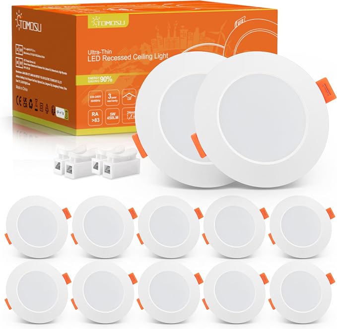 Tomosu Extraflache Led-einbaustrahler, 5 W, 450 Lm (entspricht 50 W Glühlampe), Ip44 Wasserdicht, Kaltweiß (6000 K), Ø 75–90 Mm, 220–240 V Wechselstrom, 10er-pack
