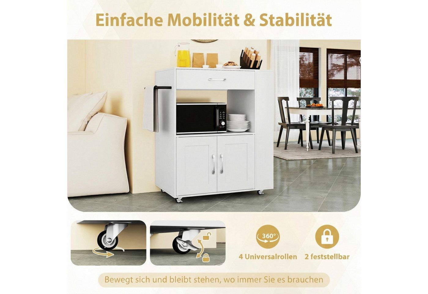 COSTWAY Küchenwagen, mit Arbeitsplatte, 3 Gewürzregalen & Schublade, rollbar
