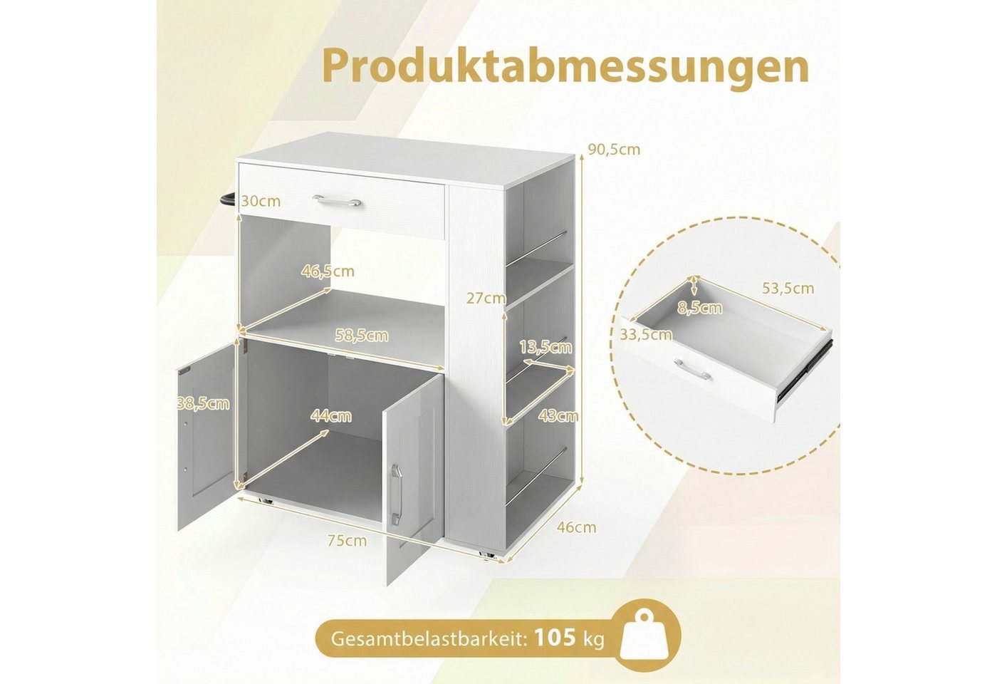 COSTWAY Küchenwagen, mit Arbeitsplatte, 3 Gewürzregalen & Schublade, rollbar Bild 3