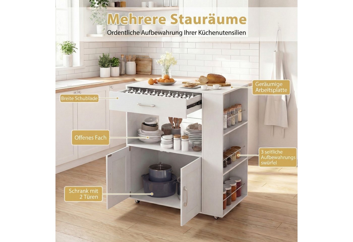 COSTWAY Küchenwagen, mit Arbeitsplatte, 3 Gewürzregalen & Schublade, rollbar Bild 4