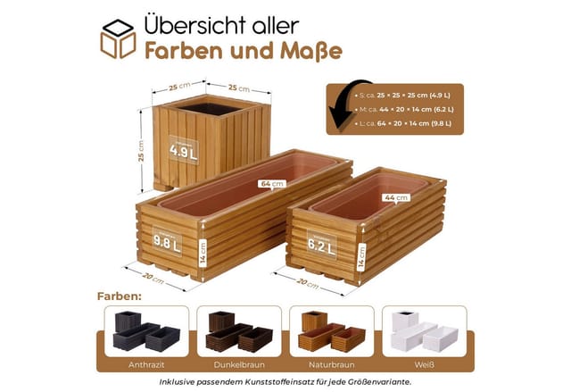 BooGardi Pflanzkübel Blumenkasten mit Kunststoffeinsatz (Hellbraun 44x20x14cm), Balkonkasten Pflanzgefäß Pflanzkasten Blumentopf