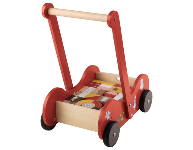 Playtive Puppenwagen Schiebewagen Puppenwagen Kinderwagen Spiel Waldtiere Holz rot 31 tlg., (Set, 31-tlg), aus Holz, leises Schieben, unterstützt das Laufen