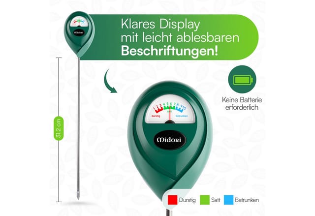 Midori Hygrometer, (2-St), 2 x Midori Boden-Feuchtigkeitsmesser Messgerät Hydrometer Grün 31,2cm