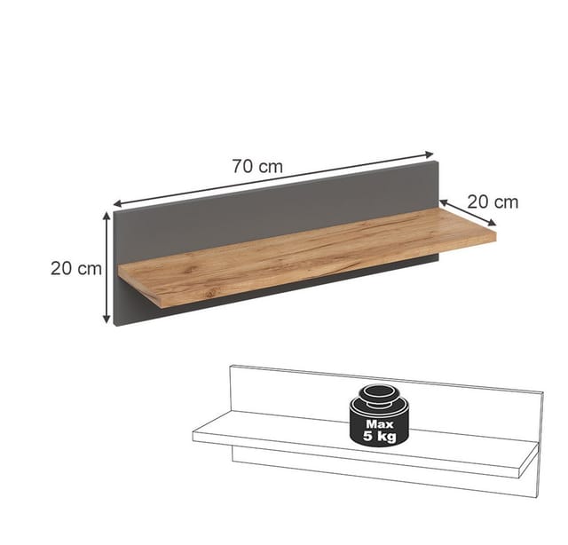 VitaliSpa® Wandregal Malia, Grau/Artisan/Artisan, 70 x 20 cm, 1-tlg.