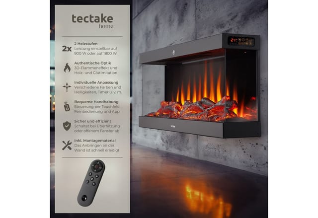 tectake Elektrokamin Elektro-Wandkamin, 2 Leistungsstufen mit 900 W und 1800 W