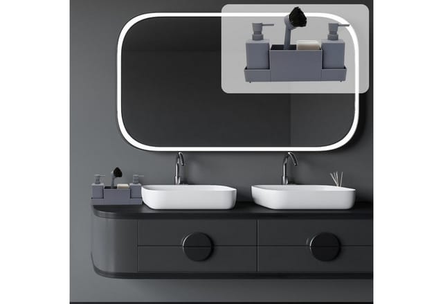 Lumkudos Küchenorganizer-Set 350ML Spülbecken Organizer mit Bürste, Seifenspender Spülschwamm, (4-tlg., Flaschen*2, Schwämme*2, Tablett*1, Pinsel*1, Aufkleber, Matte*1), Spülorganizer mit Zwei Seifenspender, Küchengadget Organizer
