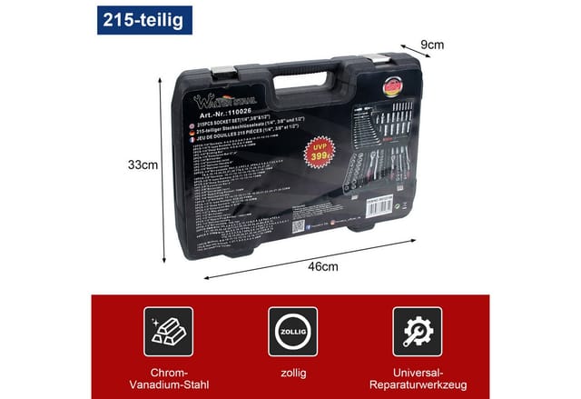 Walter Stahl Germany control Steckschlüssel 108/172/215-tlg Ratschenkasten, 1/4″+3/8″+1/2″ Steckschlüssel-Satz (Packung, 215 St., 108/172/215-tlg), Cr-V Ratschenschlüssel Set