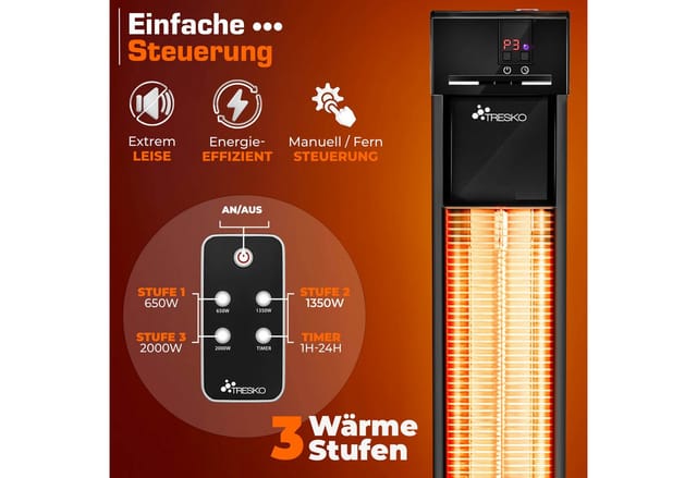 TRESKO Heizstrahler Infrarot Stand-Heizstrahler Wärmestrahler Fernbedienung LED-Anzeige, 2000 W, Terrasse elektrisch mit 3 Heizstufen, Terrassenstrahler Innen & Außen