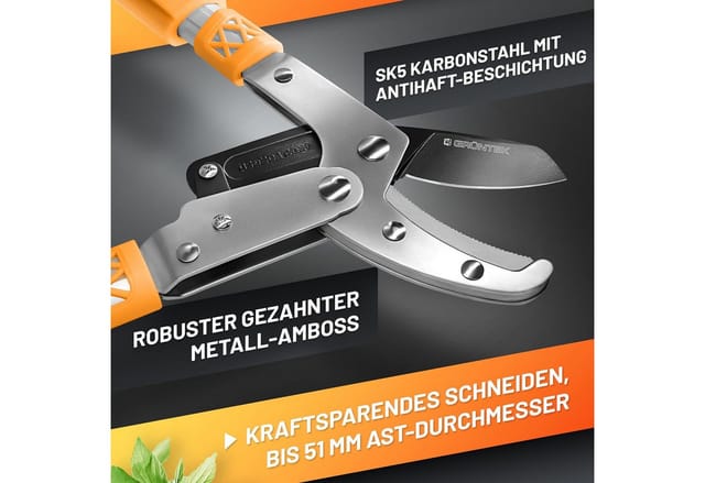 GRÜNTEK Astschere Teleskop-Astschere XT 685 -1015 mm, Amboss Smart-Cut Baumschere, gehärtete Klinge 78 mm, 7-fach verstellbare Griffe.