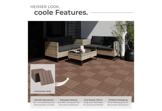 tectake Terrassendielen Terrassenfliesen, 1,0571 m², BxL: je 31,00x31,00 cm, (11-teiliges, 11-St., Fliesenset), 11er Set im Klicksystem