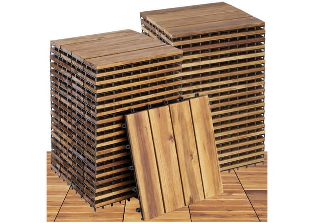 tectake Terrassendielen Terrassenfliesen Tabula 4er Lamellen mit Drainage - wetterfest, 3,844 m², BxL: je 31,00x31,00 cm, (40-teiliges, 40-St., Fliesenset), massives Akazienholz, 31 x 31 x 2,2 cm