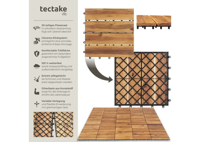 tectake Terrassendielen Terrassenfliesen Tabula 4er Lamellen mit Drainage - wetterfest, 1,922 m², BxL: je 31,00x31,00 cm, (20-teiliges, 20-St., Fliesenset), massives Akazienholz, 31 x 31 x 2,2 cm