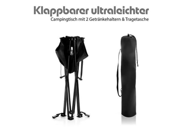 BigDean Campingtisch faltbar mit 2 Getränkehaltern Schwarz belastbar bis 30kg ultraleicht (Packung, 1-St., Campingtisch), 30kg Belastbar