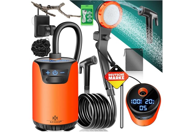 KESSER Gartendusche Campingdusche mit Pumpe & wiederaufladbarem Akku 4000mAh (Mobile Dusche inkl. Duschkopf, 2m Schlauch, Sprühpistole & Halterung), Outdoor Dusche