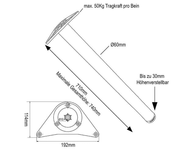 MS Beschläge Tischbein 4er Set Edelstahl-Optik 710mm Tischfüße Ø 60mm, höhenverstellbare Tischstempel Tischstützen mit Montageplatte