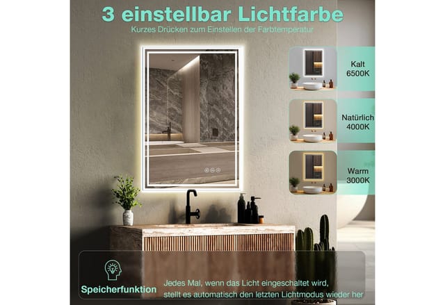 GIMBELEN Badspiegel Badezimmerspiegel mit LED-Beleuchtung, Touchschalter, IP44-Schutz (1-St), 50x70 cm, 3 Lichtfarben, dimmbar, Anti-beschlag