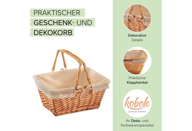 Kobolo Dekokorb Weidenkorb Korb - Klapphenkel - mit Leinentextil, in Handarbeit hergestellt