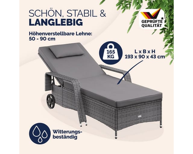 Casaria Gartenliege, 165kg Belastbar 7cm Auflage mit Rollen Sonnenliege 5fach verstellbar