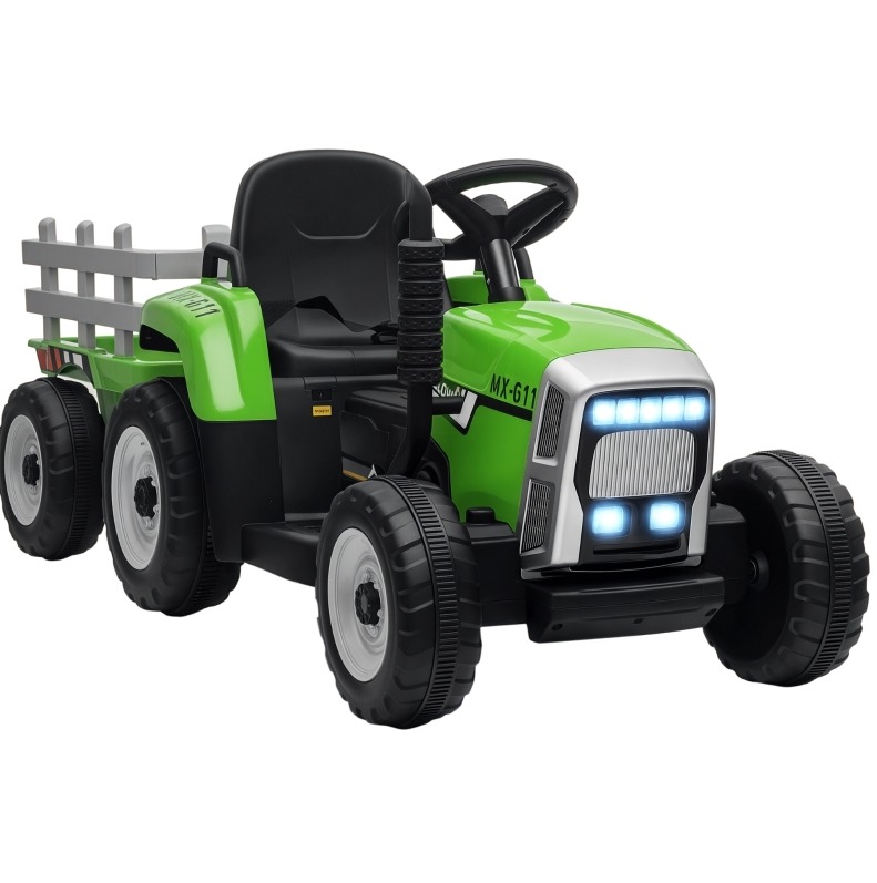 Elektrischer Kindertraktor Mit Anhänger, Elternfernbedienung, Grün Und Schwarz