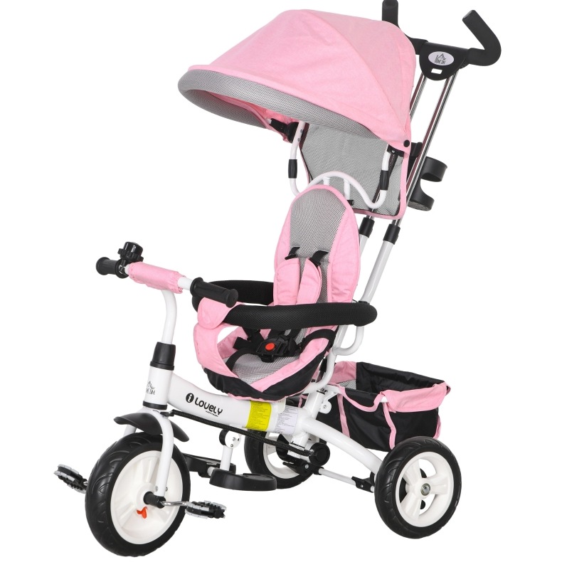 6-in-1 Kinder-dreirad Mit Schiebestange, Verdeck, Gurt Und Aufbewahrungskorb, Rosa