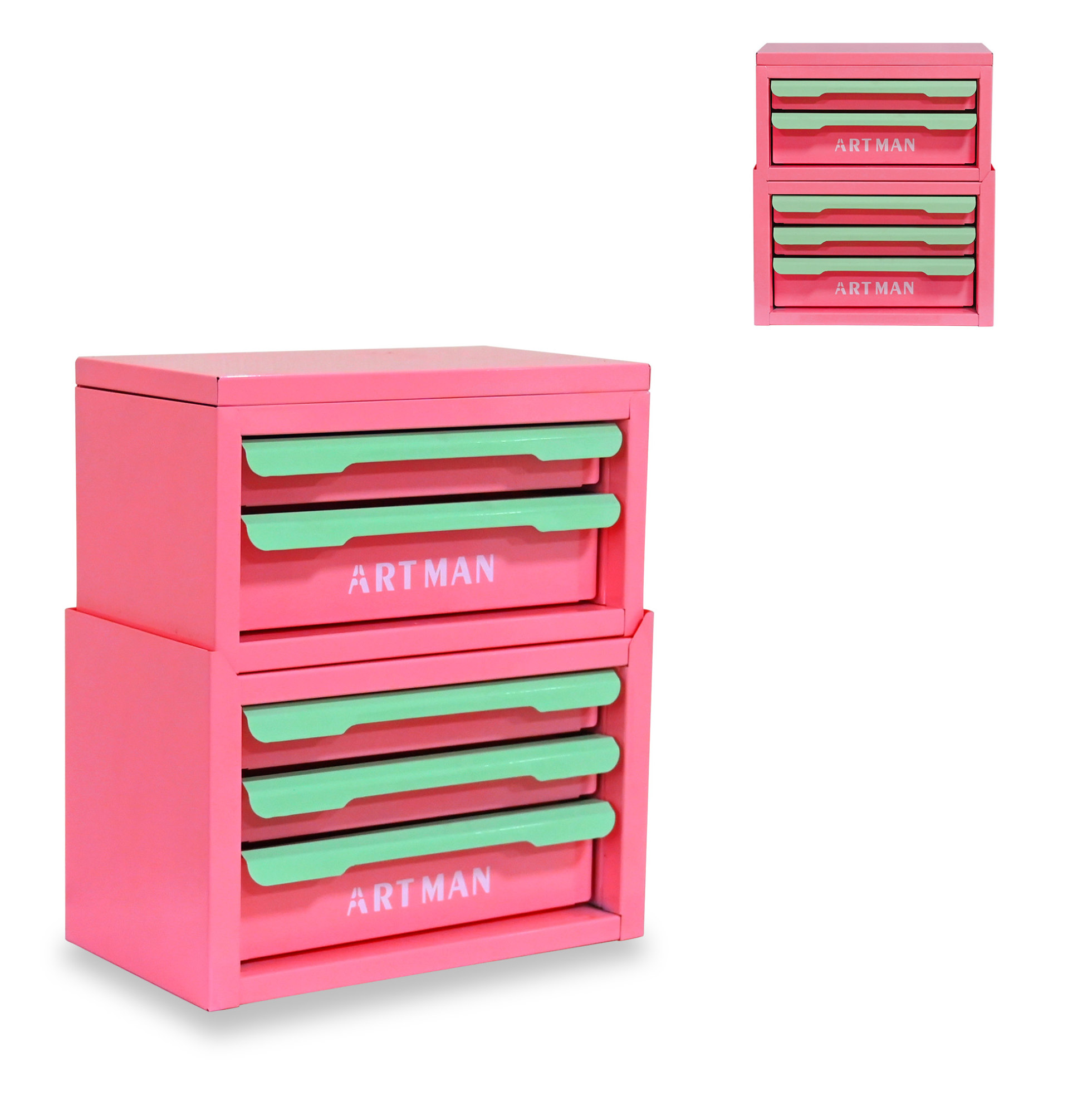 Tischschrank Aus Stahl Mit 5 Schubladen, Rosa Und Grün