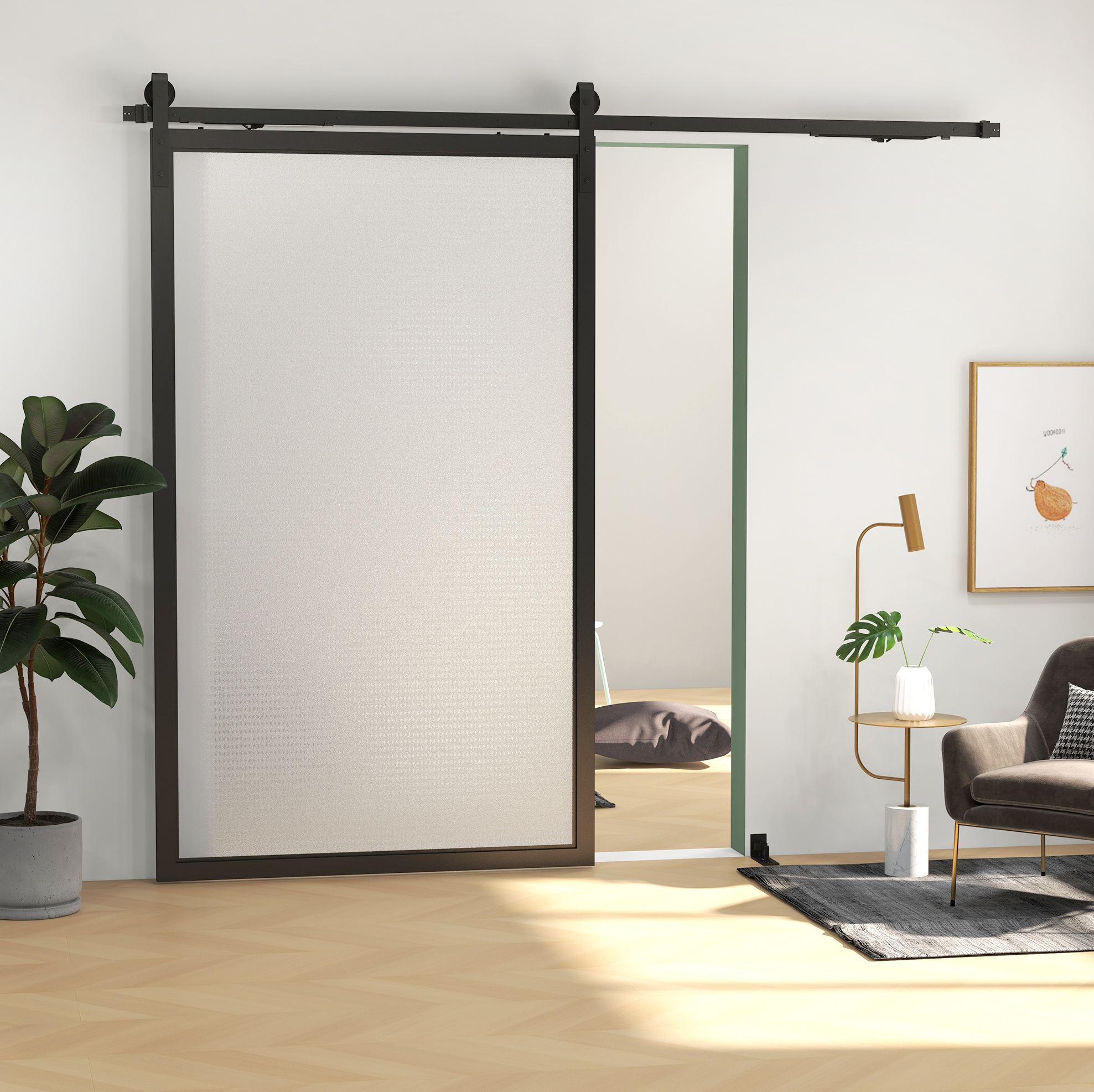Schiebetürschienen-set 244 Cm Aus Schwarzem Stahl Mit Rollen, Stoppern Und Bodenführung