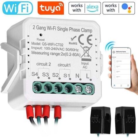 Tuya Wifi 2-fach 80a Einphasen-solar-pv-klemme Mit Bidirektionalem Energiezähler, Steuerung Per App, Stromwandler, Programmierbarer Timer Und Hausautomatisierungsgerät