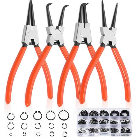 Satz Mit 4 Sprengringzangen: 17,8 Cm Lange Sprengringzange Mit Langen, Gebogenen Backen, 300 Stück, Elastischer Stützring Aus Manganstahlfeder