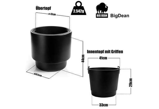 BigDean Blumentopf Pflanzkübel Design mit Einsatz rund ø 47 cm (Set, 1 St., 1 Pflanztopf + 1 Übertopf), Übertopf & Topf, 47cm Durchmesser, Schwarz, Wetterfest & Bruchsicher