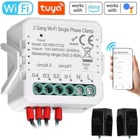 Tuya Wifi 2-fach 80a Einphasen-zangenzähler, Bidirektionaler Photovoltaik-solarstromzähler, Per App Steuerbar, Stromwandler, Zeitschaltuhr, Hausautomatisierungsgerät